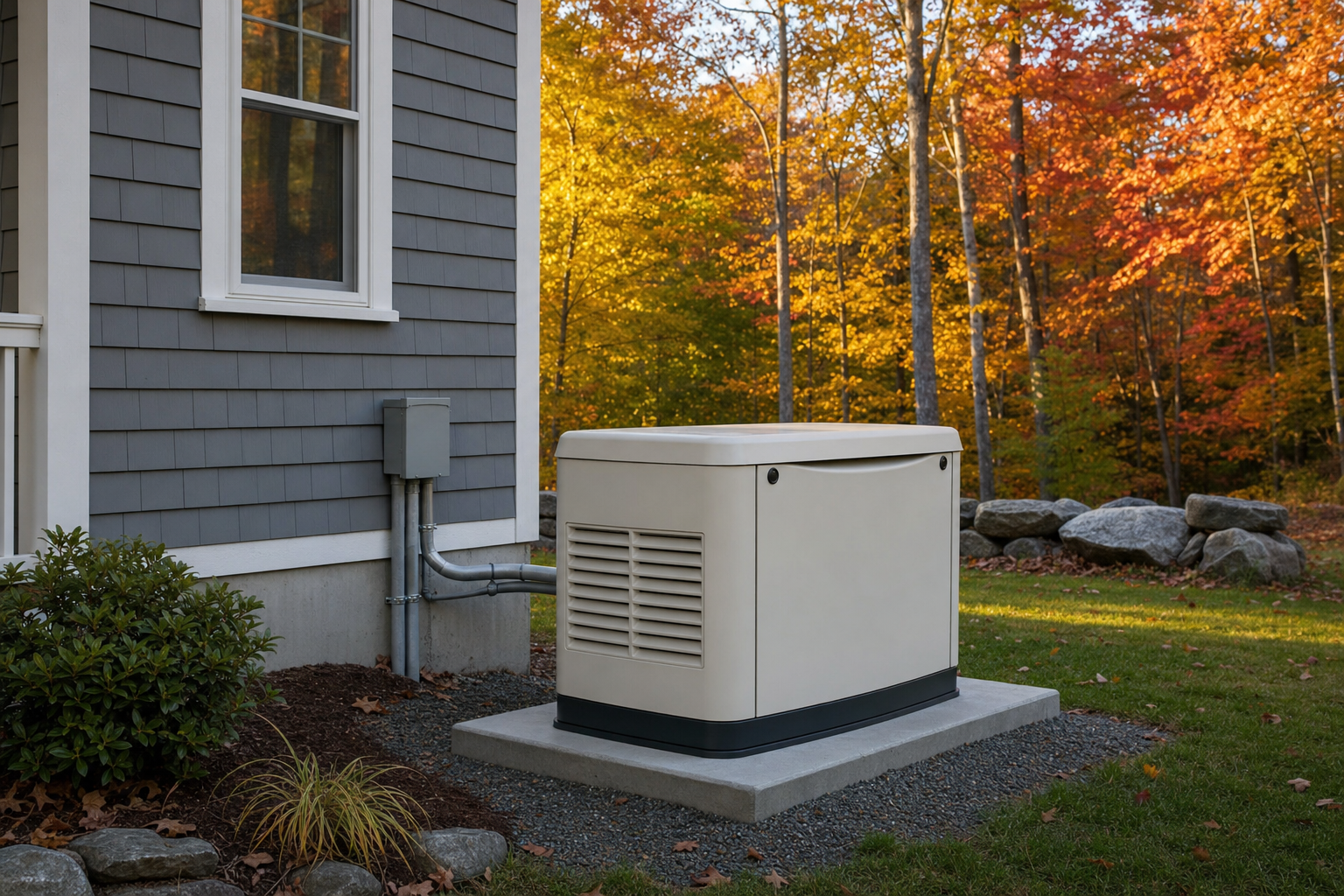 Whole-house standby generator on a concrete pad