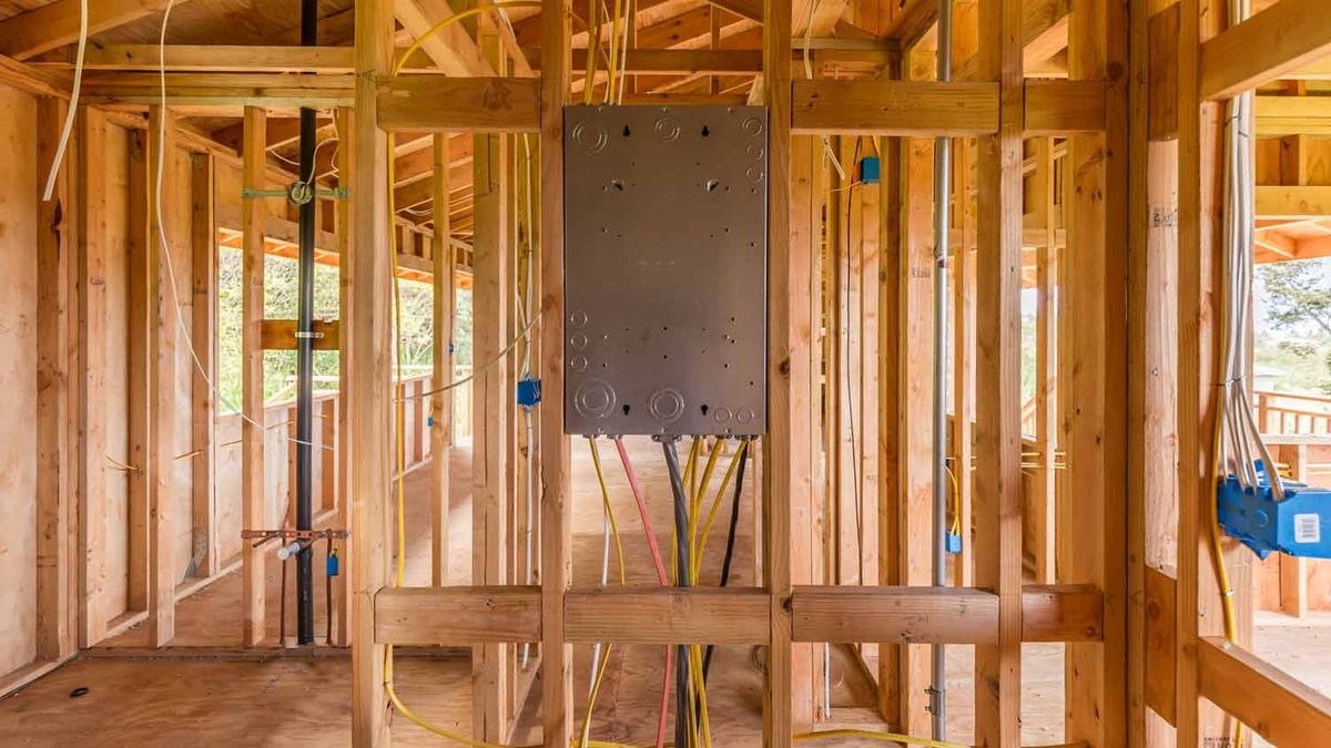 Electrical rough-in wiring and panel in a new home under construction